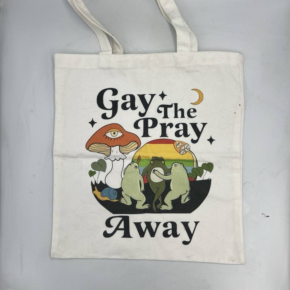 "Gay The Pray Away" Canvas Tote Bag Cloth Shopping Bag LGBTQ+ Frog Mushroom